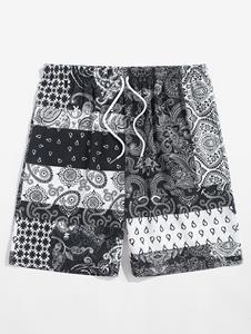 Zaful Men's Beach Vacation Ethnic Paisley Floral Patchwork Print Drawstring Pocket Bermuda Shorts