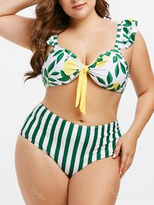 Rosegal Plus Size Stripe Leaves Print High Rise Bikini Swimwear