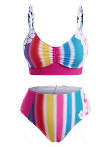 Rosegal Plus Size Rainbow Striped Flower High Waisted Bikini Swimwear