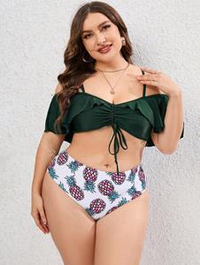Rosegal Plus Size Ruffle Pineapple Print Cinched Ruched Full Coverage Bikini Swimsuit