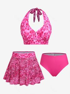 Rosegal Plus Size Paisley Tie Dye Halter Backless Padded Bikini Three Piece Swimsuit
