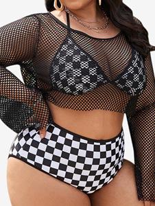 Rosegal Plus Size Checkerboard Halter Backless Bikini Set and Net Cover-up Three Piece Swimsuit