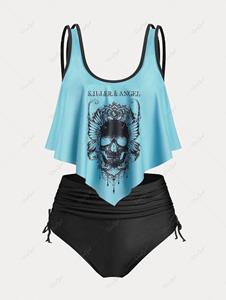 Rosegal Plus Size & Curve Gothic Skull Print Ruffled Overlay Tankini Swimwear