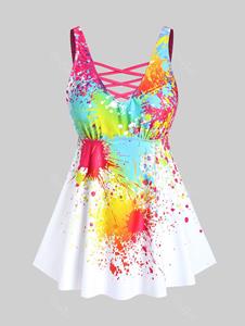 Rosegal Plus Size Crisscross Paint Splatter Backless Padded Tankini Swimsuit