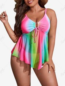 Rosegal Plus Size Rainbow Ombre Tie Mesh Panel Tankini Swimsuit