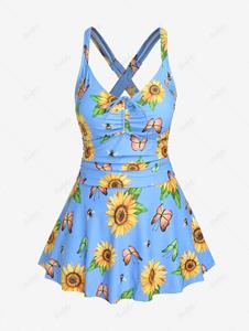 Rosegal Plus Size Sunflower Butterfly Cinched Ruched Boyleg Tankini Swimsuit