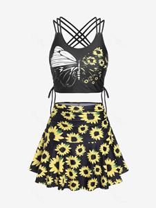 Rosegal Plus Size Sunflower Butterfly Print Crisscross Strappy Skirted Tankini Swimsuit