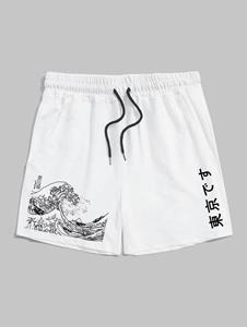 ChArmkpR Mens Japanese Wave Ukiyoe Print Drawstring Waist Shorts