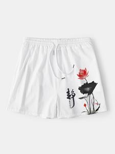 ChArmkpR Mens Chinese Ink Lotus Print Cotton Drawstring Waist Shorts