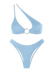 Zaful Strukturierter O Ring Strukturiertes Bikini Badebekleidung mit Einer Schulter