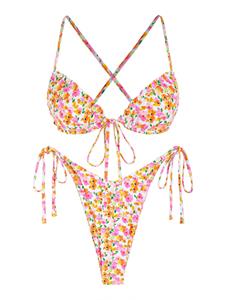 Zaful Ditsy Floral Frilled Tie Side Criss Cross High Leg Bikini Swimwear