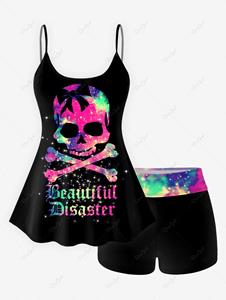 Rosegal Plus Size Skull Glitter Print Boyshorts Tankini Swimsuit (Adjustable Shoulder Strap)