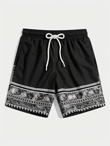 ChArmkpR Mens Monochrome Ethnic Pattern Drawstring Waist Shorts With Pocket