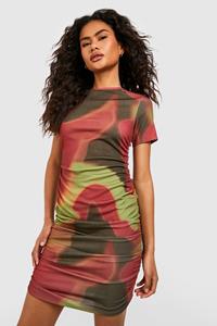 Boohoo Abstract Print Rouched Rib Mini Dress, Khaki