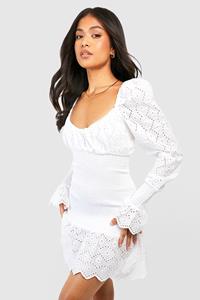Boohoo Petite Shirred Broderie Bodycon Dress, White