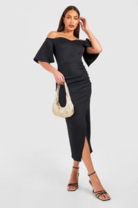 Boohoo Tall Bardot Ruched Side Asymmetric Midaxi Dress, Black
