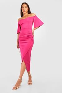 Boohoo Tall Bardot Ruched Side Asymmetric Midaxi Dress, Hot Pink
