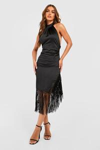 Boohoo Premium Satin Tassel Halterneck Midi Dress, Black