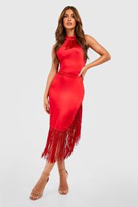 Boohoo Premium Satin Tassel Halterneck Midi Dress, Red
