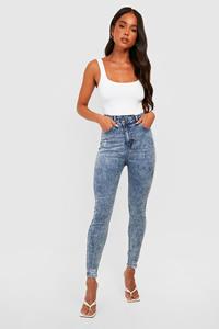 Boohoo Petite Skinny Jeans Met Asymmetrische Taille, Mid Wash