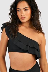 Boohoo Ruffle One Shoulder Bikini Top, Black