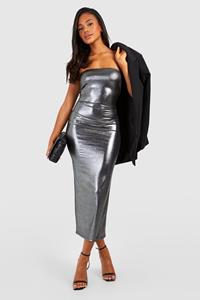 Boohoo Metallic Jersey Bandeau Midaxi Dress, Metallic Silver