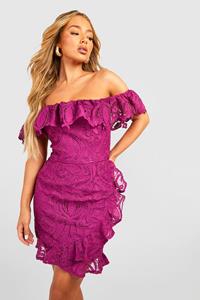 Boohoo Premium Lace Bardot Mini Dress, Purple