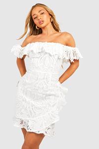 Boohoo Premium Lace Bardot Mini Dress, White