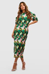 Boohoo Tropical Plisse Puff Sleeve Midi Dress, Multi
