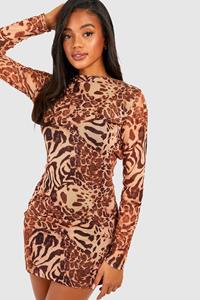 Boohoo Mixed Animal Print Mesh Low Back Mini Dress, Brown