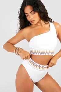 Boohoo Aztec Tape One Shoulder Rib Bikini Top, White