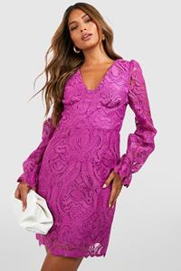 Boohoo Premium Lace Blouson Sleeve Mini Dress, Purple