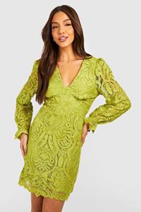 Boohoo Premium Lace Blouson Sleeve Mini Dress, Lime