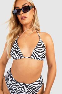 Boohoo Plus Zebra Print Triangle Tie Bikini Top, Black