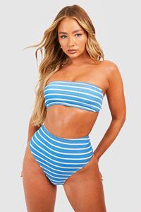 Boohoo Stripe Crinkle High Waisted Bikini Brief, Blue