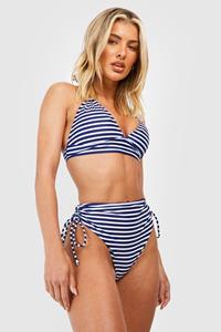 Boohoo Nautical Stripe Halterneck Plunge Bikini Top, Navy