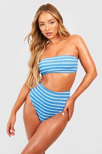 Boohoo Stripe Crinkle Bandeau Bikini Top, Blue