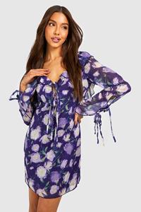 Boohoo Floral Chiffon Drape Mini Dress, Purple