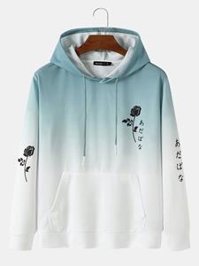 Mensclo Mens Rose Japanese Ombre Print Kangaroo Pocket Drawstring Hoodies