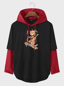 ChArmkpR Mens Japanese Cat Print Patchwork Faux Two Pieces Hoodies