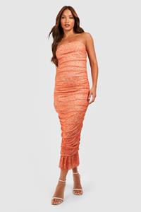 Boohoo Tall Mesh Lace Print Ruched Bandeau Dress, Burnt Orange