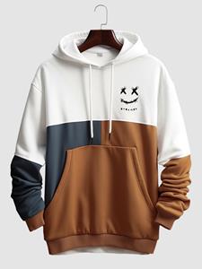 ChArmkpR Mens Smile Print Color Block Patchwork Kangaroo Pocket Hoodies