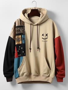 ChArmkpR Mens Ethnic Smile Print Color Block Patchwork Kangaroo Pocket Hoodies