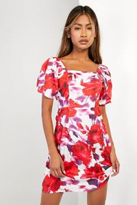 Boohoo Floral Puff Sleeve Mini Dress, Red