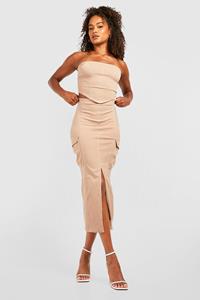 Boohoo Tall Stretch Midaxi Rok Met Contrasterende Stiksels En Cargo Zakken, Camel