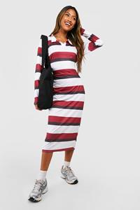 Boohoo Striped Rugby Collar Midi Dress, Berry