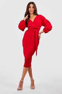 Boohoo Rouched Sleeve Wrap Midi Dress, Red
