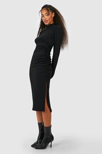 Boohoo Textured Rouched High Neck Midi Dress, Black
