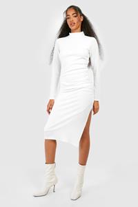 Boohoo Textured Rouched High Neck Midi Dress, Ivory