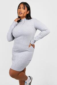 Boohoo Plus Geribbelde Bodycon Jurk Met Col En Lange Mouwen, Grey Marl